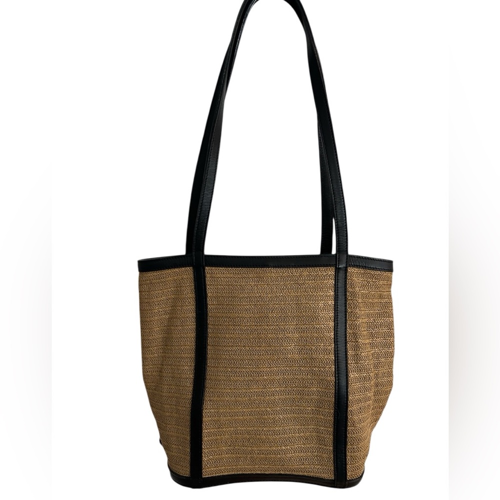 Maxx New York Faux Leather Trim Straw Tote Bag Small Pouch Attached